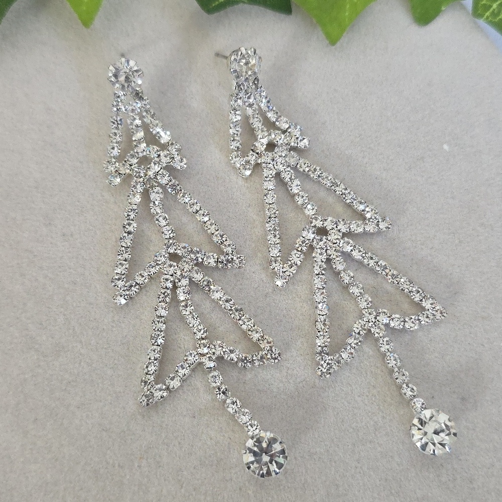 Silver Statement Rhinestone Chandalier Drop Earrings